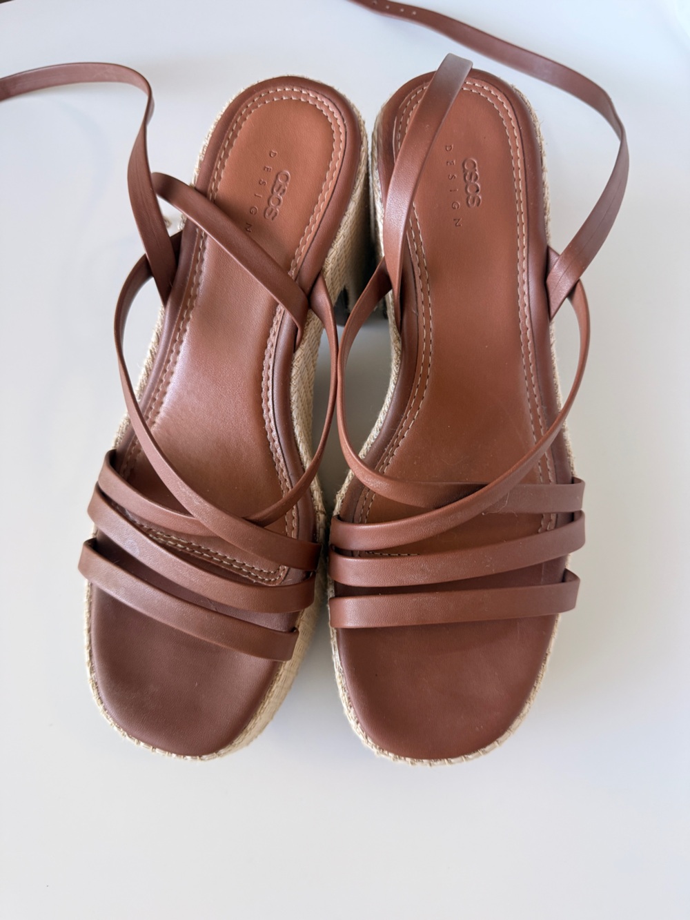 ASOS Design Brown Strappy Espadrille Wedge Sandals with Wrap Ties